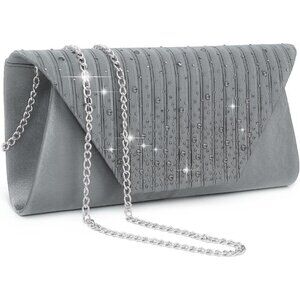 Women's Pewter Grey Rhinestone Evening Clutch Bag for Wedding Party & Cocktail
